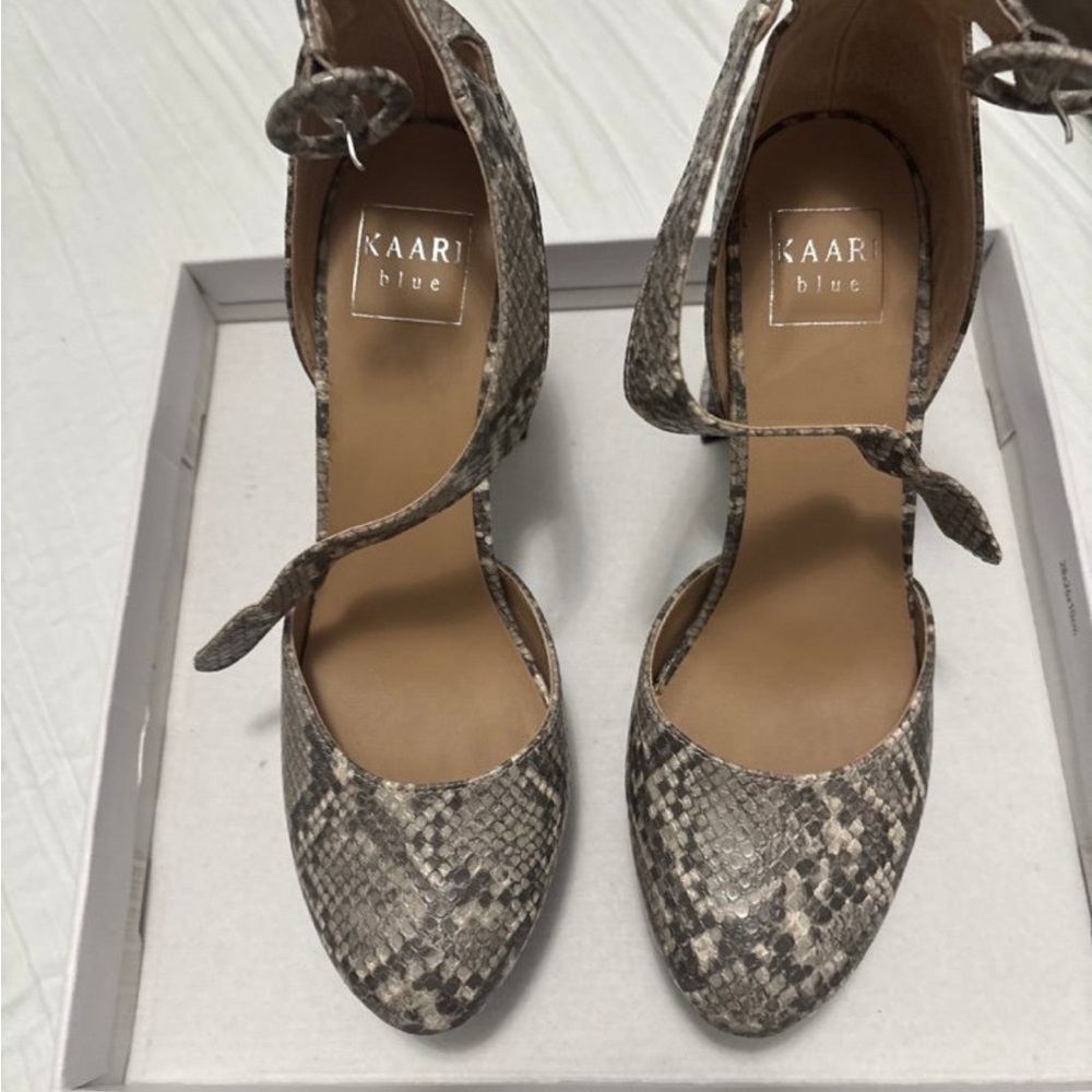 KAARI Blue Taupe Snake-Print Ankle Tie Pumps